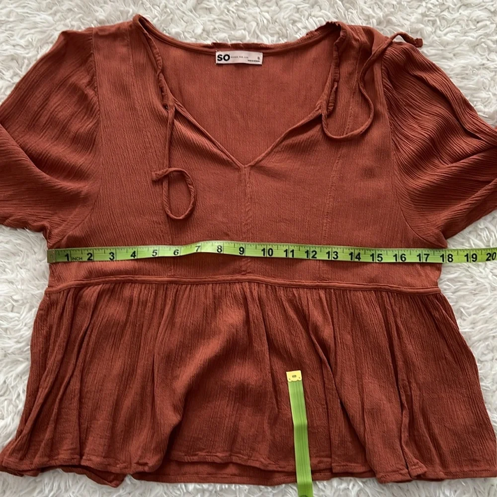 SO Mid-Sleeve Women's Rust Top Boho Flowy V-Neck Indie Size Small